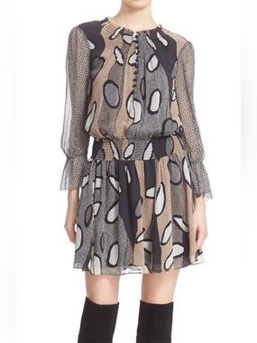 DIANE VON FURSTENBERG DVF Kelley Print Silk Smocked Blouson DRESS Size 8